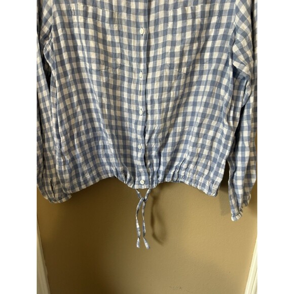 Talbots Top Women L Drawstring Blue Linen Gingham Plaid Long Sleeve Capsule VTG - Picture 7 of 12